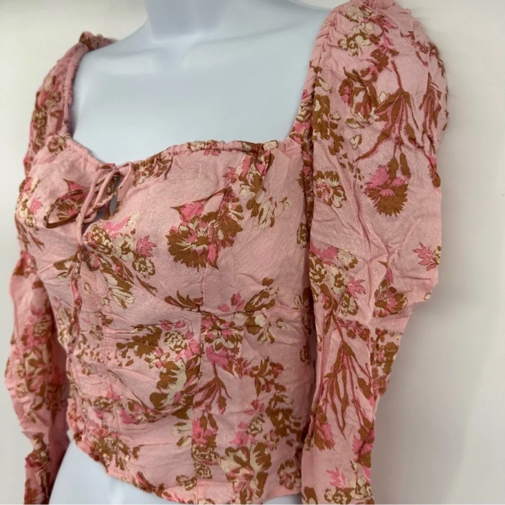 Free People Dusty Pink Floral Ruched Square-Neck Puff Sleeve Crop Top